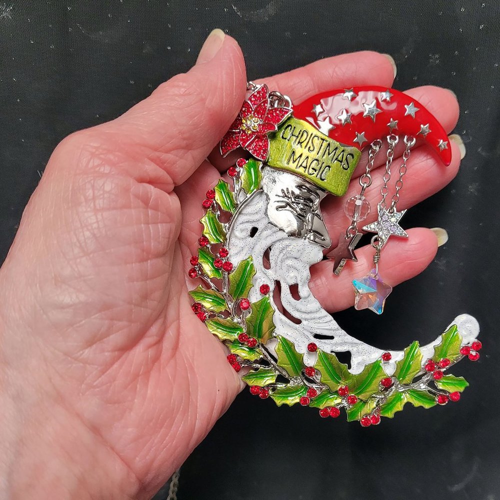 Kirks Folly CHRISTMAS MAGIC SANTA & KEY SHIMMER MOON Ornament Dangler Silvertone - Picture 9 of 13